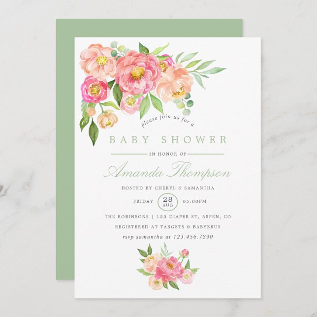 Convites Watercolor Peony Flores Chá de fraldas (Frente/Verso)