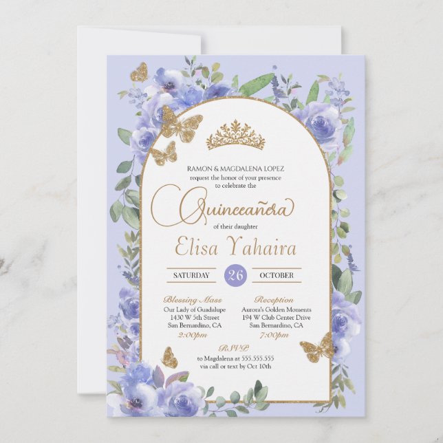 Convites Watercolor Periwinkle Blue Butterfly Quinceañera (Frente)