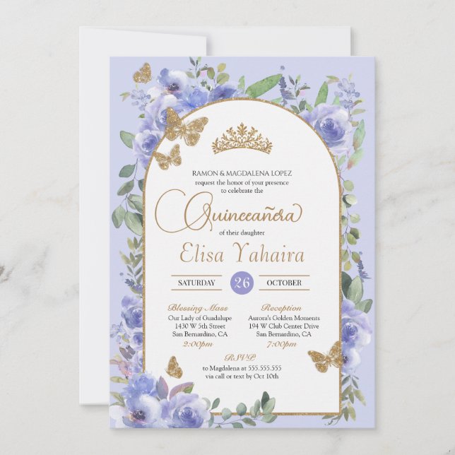 Convites Watercolor Periwinkle Blue Butterfly Quinceañera (Frente)
