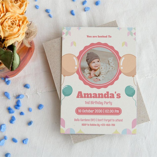 Convites Watercolor Photo Baby Birthday (Criador carregado)