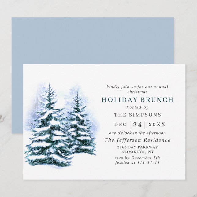 Convites Watercolor Pine Tree Chic Christmas HOLIDAY BRUNCH (Frente/Verso)