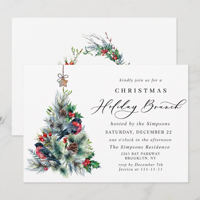 Convites Watercolor Pine Tree Chic Christmas HOLIDAY BRUNCH (Frente/Verso)