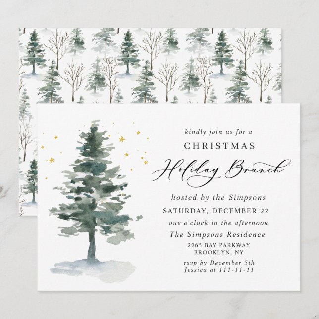 Convites Watercolor Pine Tree Chic Christmas HOLIDAY BRUNCH (Frente/Verso)