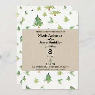 Convites Watercolor Pine Trees Kraft & White Rustic Weding