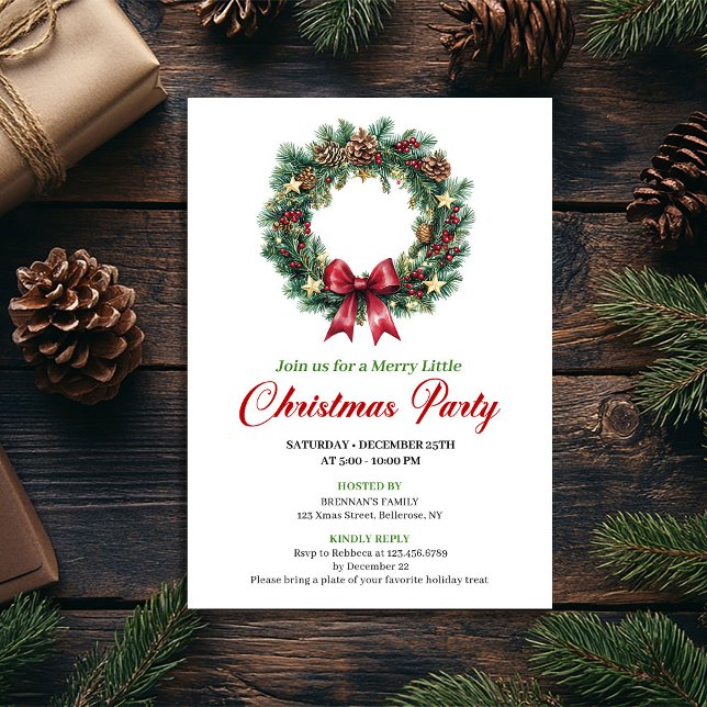 Convites Watercolor Pine Wreath Christmas Party Card (Watercolor Pine Wreath Christmas Party Card)