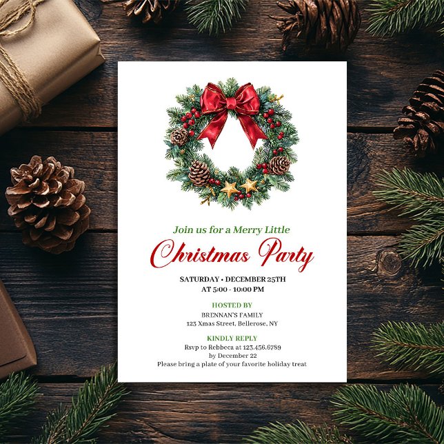 Convites Watercolor Pine Wreath Christmas Party Invitation (Watercolor Pine Wreath Christmas Party Invitation)