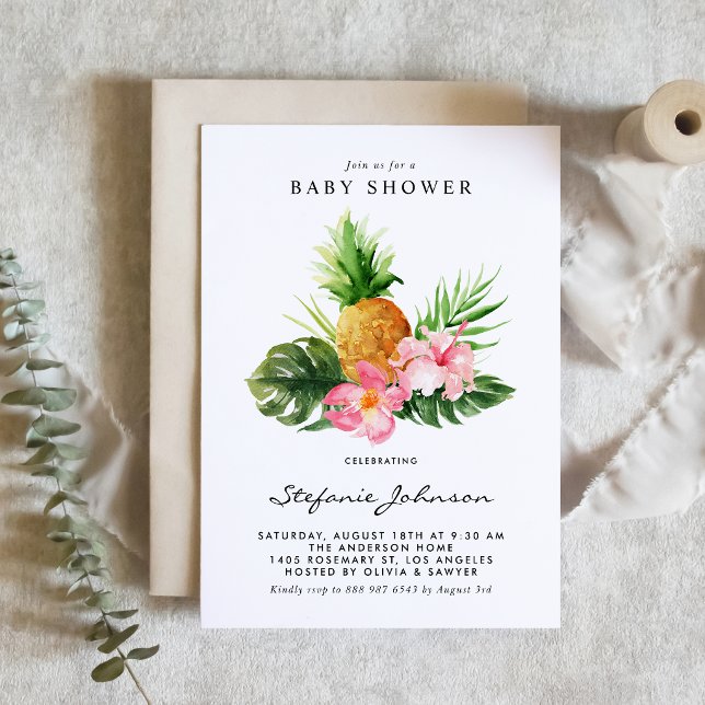 Convites Watercolor Pineapple Hibiscus Tropical Baby Shower (Customizable tropical baby shower invitation featuring watercolor pineapple, hibiscus and greenery. )