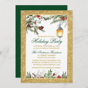 Convites Watercolor Pines Poinsettia Glitter Foliday Party