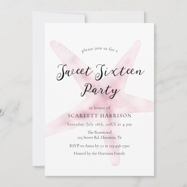 Convites Watercolor Pink Beach Sweet 16 Party (Frente)
