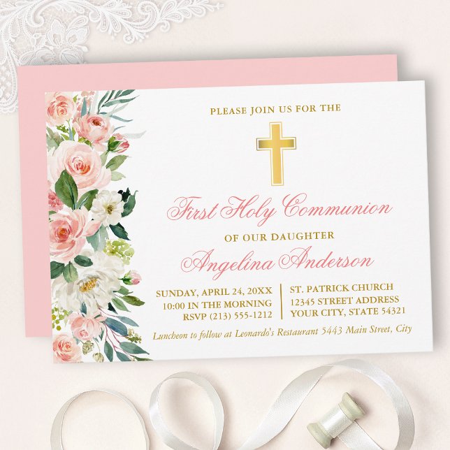 Convites Watercolor Pink Blush Floral Dourado Primeira Comu (Customize to change text color, size, style or to change color of back of card.)