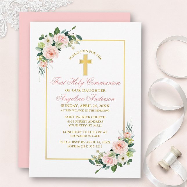 Convites Watercolor Pink Blush White Floral Gold Communion (Customize to change text color, style, add text & photos to back or change color of back of card.)