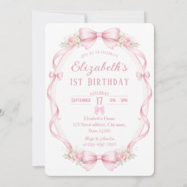 Convites Watercolor Pink Bow First Birthday Invitation