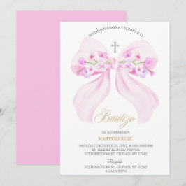 Convites Watercolor Pink Bow Floral Girl Baptism