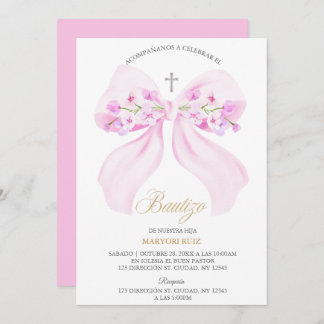 Convites Watercolor Pink Bow Floral Girl Baptism