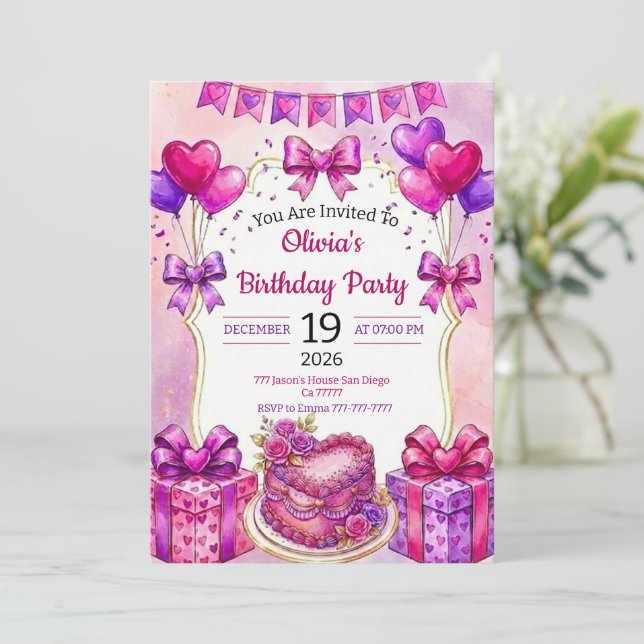 Convites Watercolor Pink Cake and Floral Heart Birthday (Em pé/Frente)
