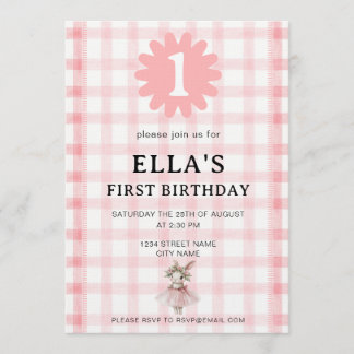 Convites Watercolor Pink Check Bunny Birthday Invitation