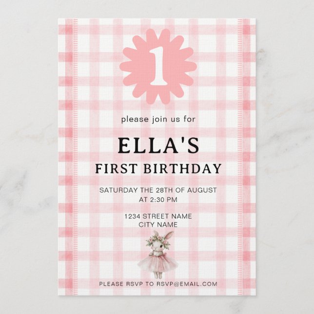 Convites Watercolor Pink Check Bunny Birthday Invitation (Frente)