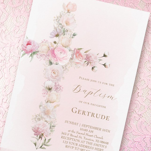 Convites watercolor pink floral cross Baptism Invitation (Criador carregado)