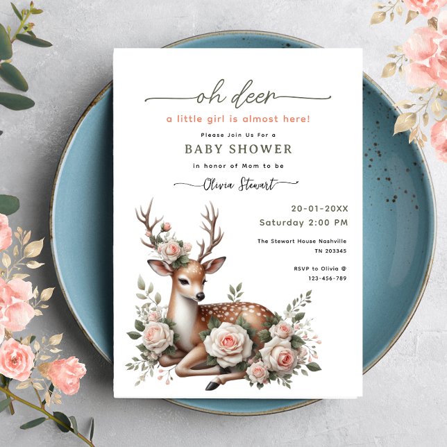 Convites Watercolor Pink Floral oh deer baby shower  (Criador carregado)