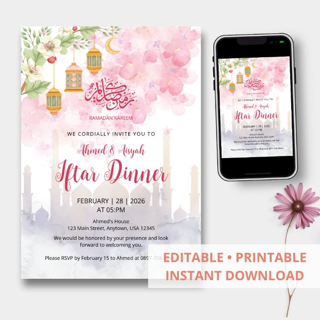 Convites Watercolor Pink Floral Ramadan Iftar Dinner (Criador carregado)