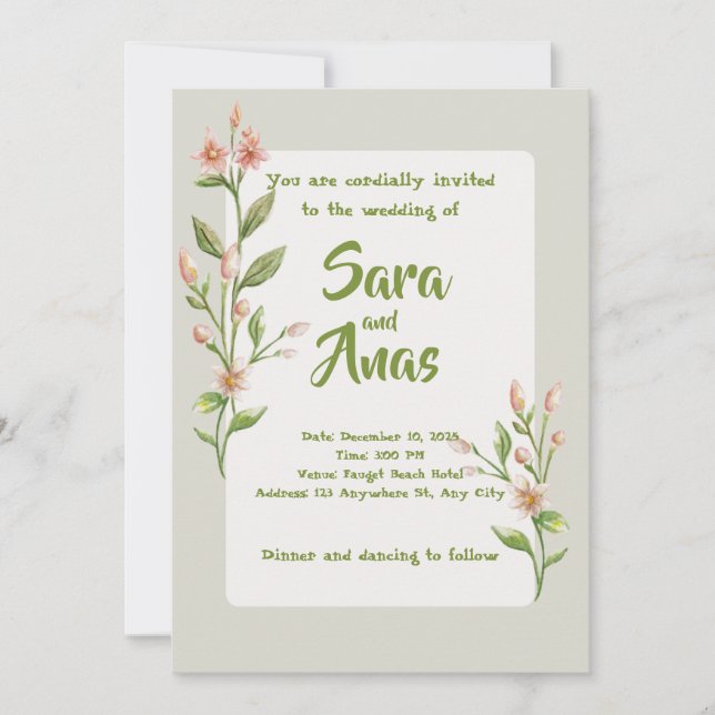 Convites Watercolor Pink Floral Wedding Invitation (Frente)