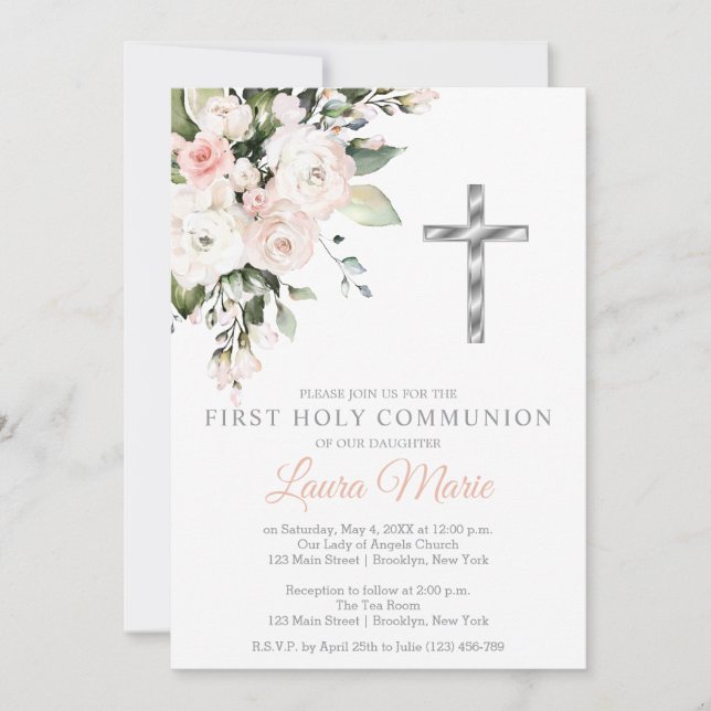 Convites Watercolor Pink Florals First Holy Communion (Frente)