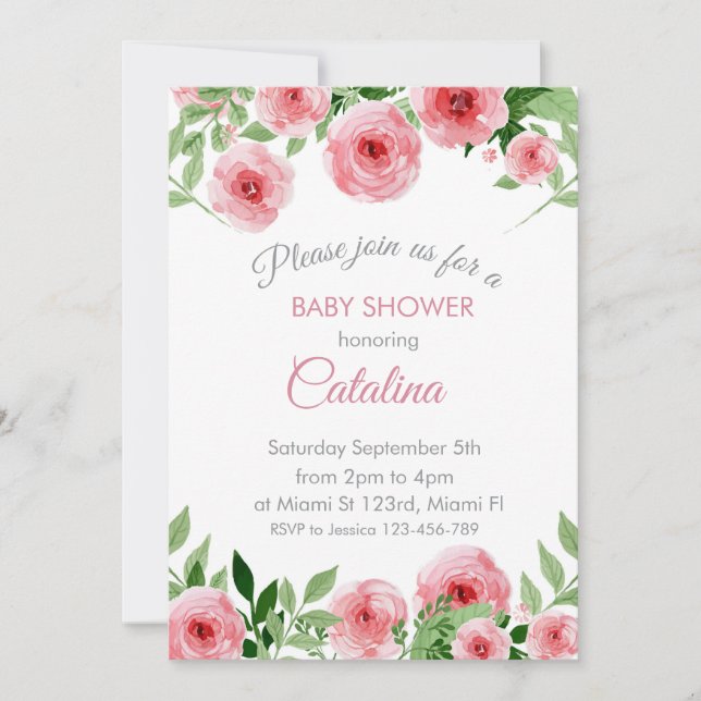 Convites Watercolor Pink Flowers Baby Shower Invitation (Frente)