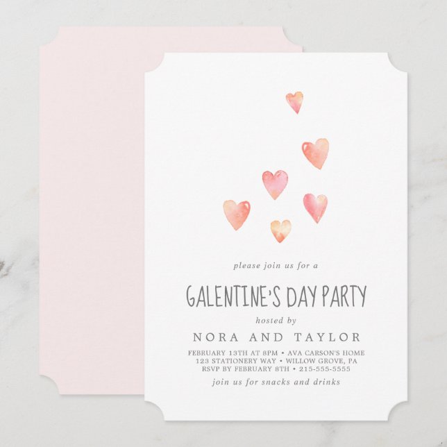 Convites Watercolor Pink Hearts Galentine's Day Party (Frente/Verso)