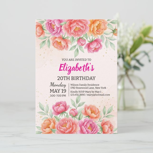 Convites Watercolor Pink Peony Floral Birthday (Em pé/Frente)
