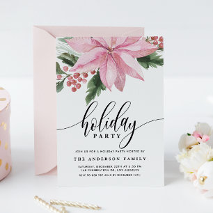 Convites Watercolor Pink Poinsettia e Holly Holiday Party