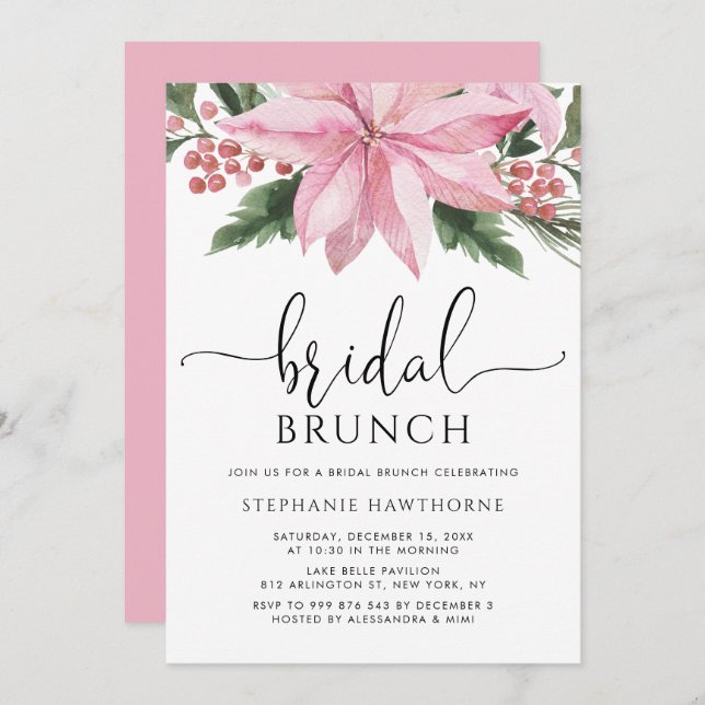 Convites Watercolor Pink Poinsettia Winter Bridal Brunch (Frente/Verso)