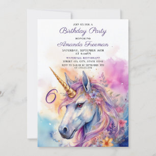 Convites Watercolor Pink & Purple 6 Unicorn Aniversário