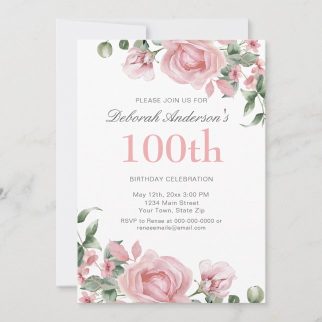 Convites Watercolor PInk Rose 100th Birthday Party  (Frente)
