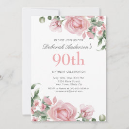 Convites Watercolor PInk Rose 90th Birthday Party