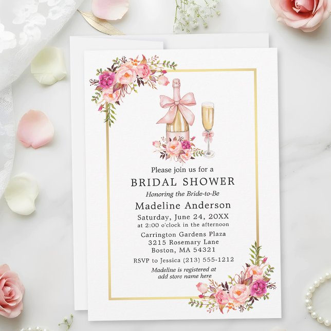 Convites Watercolor Pink Roses Bow Bridal Shower (Customize to add more text to back of card.)