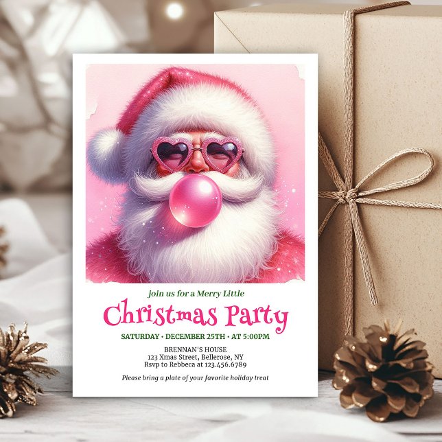 Convites Watercolor Pink Santa Bubble Gum Funny Christmas  (Watercolor Pink Santa Bubble Gum Funny Christmas Invitation

)