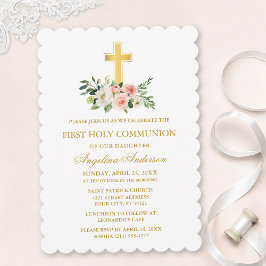 Convites Watercolor Pink White Floral Gold Cross Communion