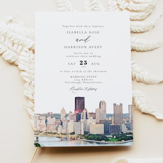 Convites Watercolor Pittsburgh Pennsylvania Skyline Wedding (Criador carregado)