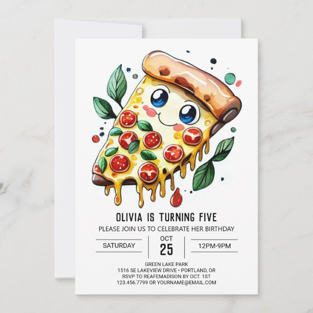 Convites Watercolor Pizza Simples Aniversário (Frente)