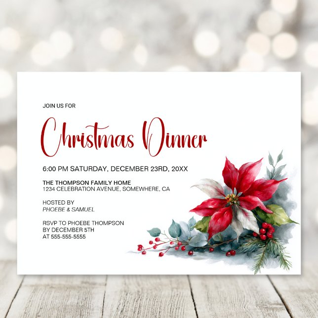 Convites Watercolor Poinsettia Christmas Dinner Party (Criador carregado)