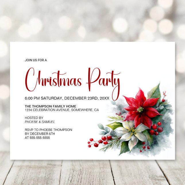 Convites Watercolor Poinsettia Christmas Party (Criador carregado)