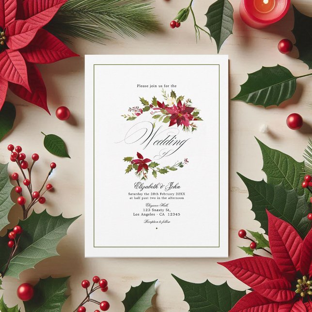 Convites Watercolor Poinsettia e Holly Christmas (Watercolor Poinsettia and Holly Christmas Wedding Invitation)