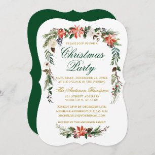 Convites Watercolor Poinsettia Festa de Natal Verde Dourada