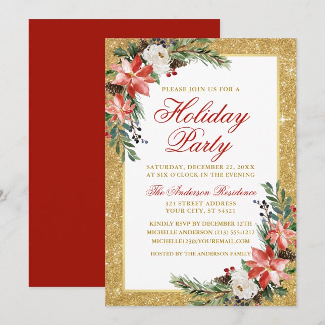 Convites Watercolor Poinsettia Glitter Holidter Party Red (Frente/Verso)