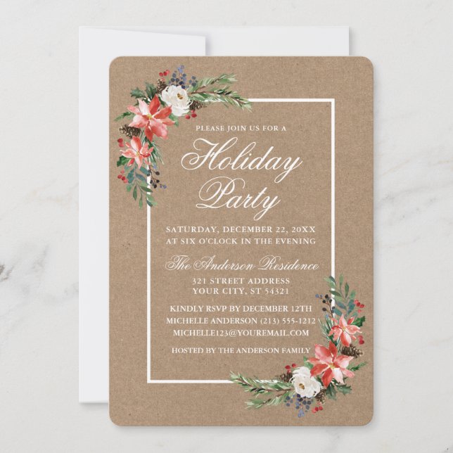 Convites Watercolor Poinsettia Holiday Party Kraft (Frente)