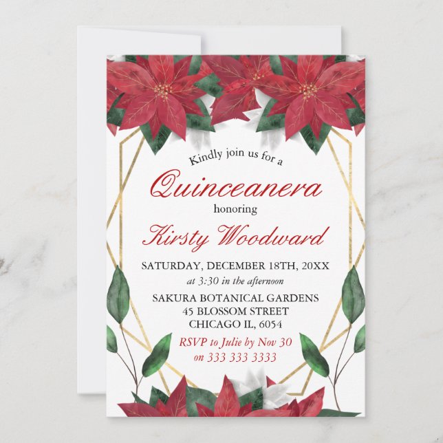 Convites Watercolor Poinsettia Natal Floral Quinceanera (Frente)