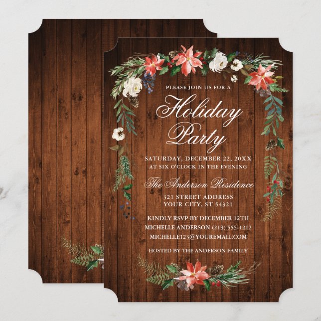 Convites Watercolor Poinsettia Wood Holiday Party (Frente/Verso)
