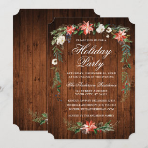 Convites Watercolor Poinsettia Wood Holiday Party