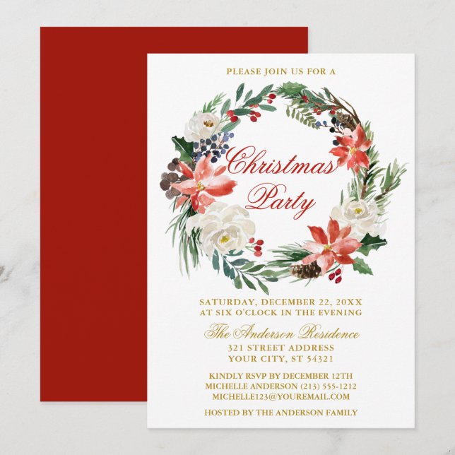 Convites Watercolor Poinsettia Wreath Red Christmas Party (Frente/Verso)