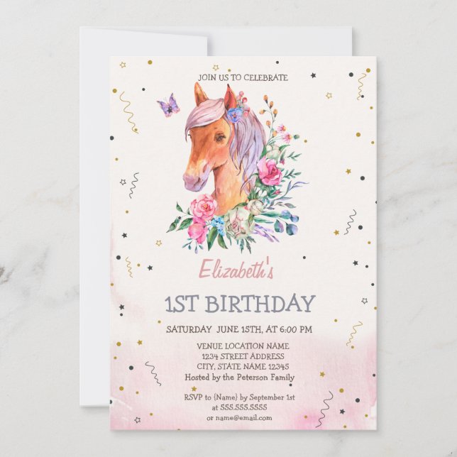 Convites Watercolor Pony Flowday (Frente)